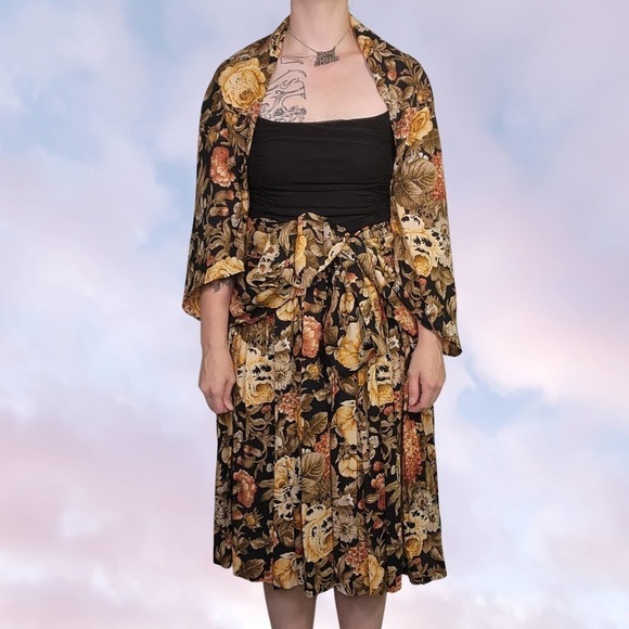 Vintage 2 Piece Brown with Black Floral Skirt & Square Shawl Set - Picture 1 of 7